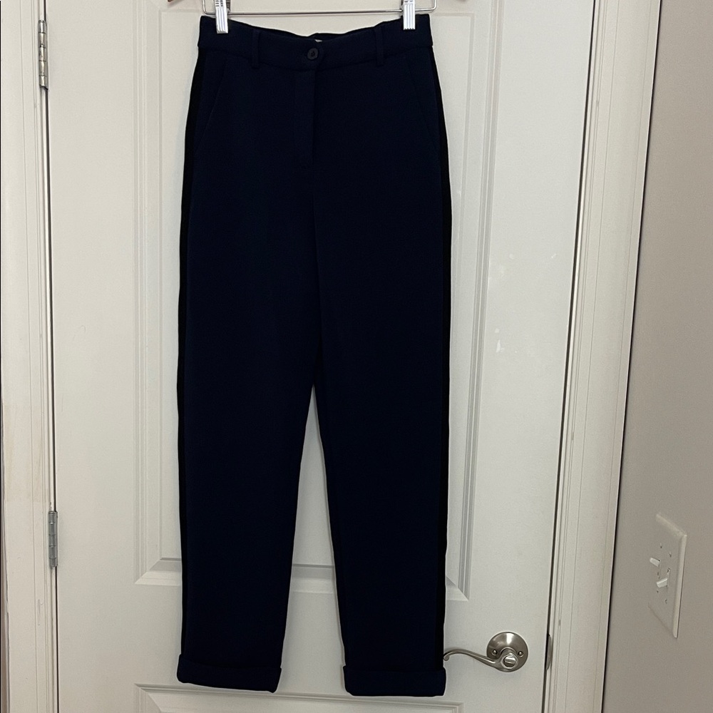 Anatomie Navy Side Stripe Cuffed Trousers XS High Rise Tapered Travel Comfort